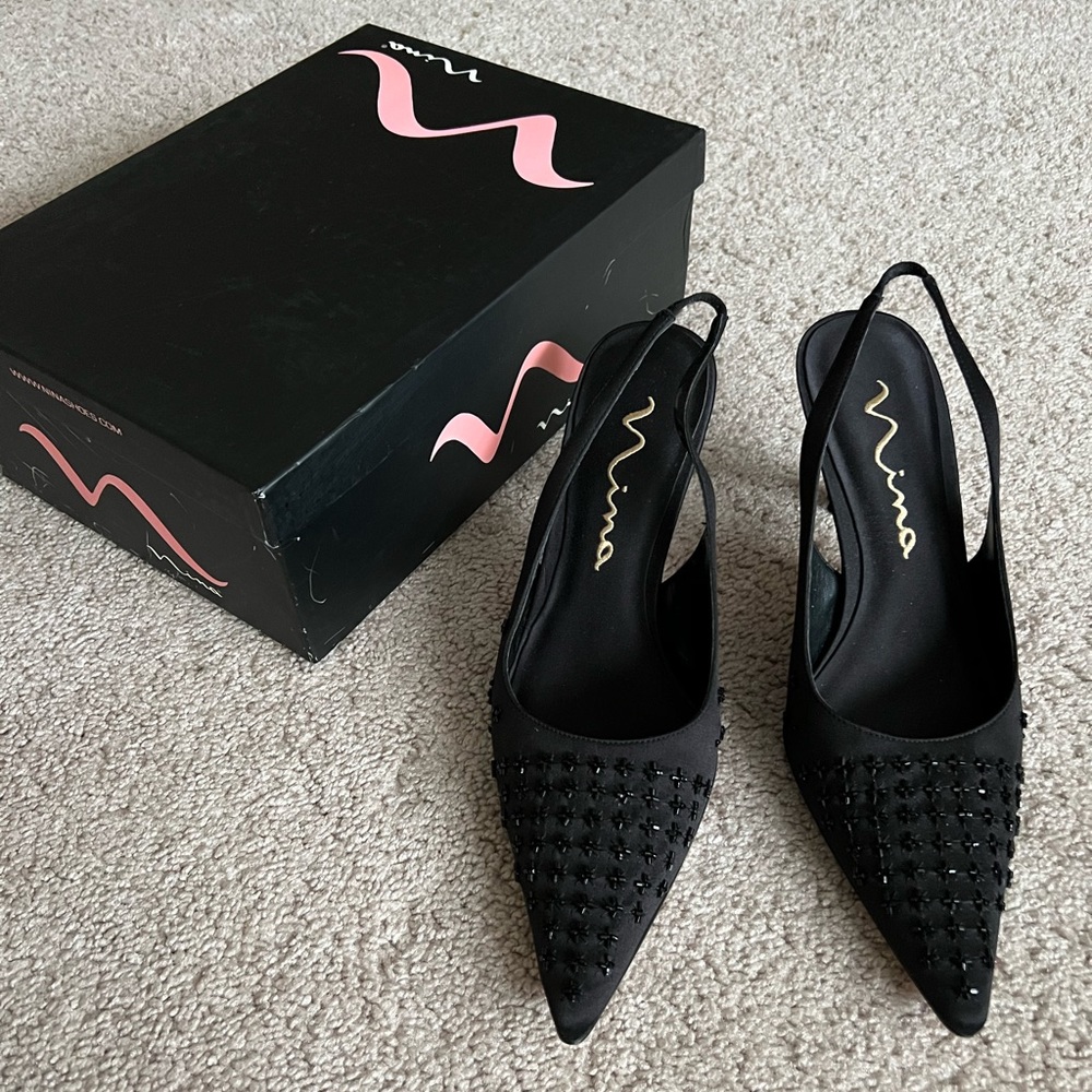 Black Slingback Embroidered Pointed Toe Nina Heels